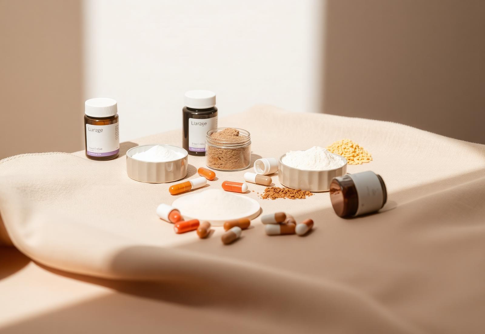 A considered selection of supplement powders and capsules on warm linen